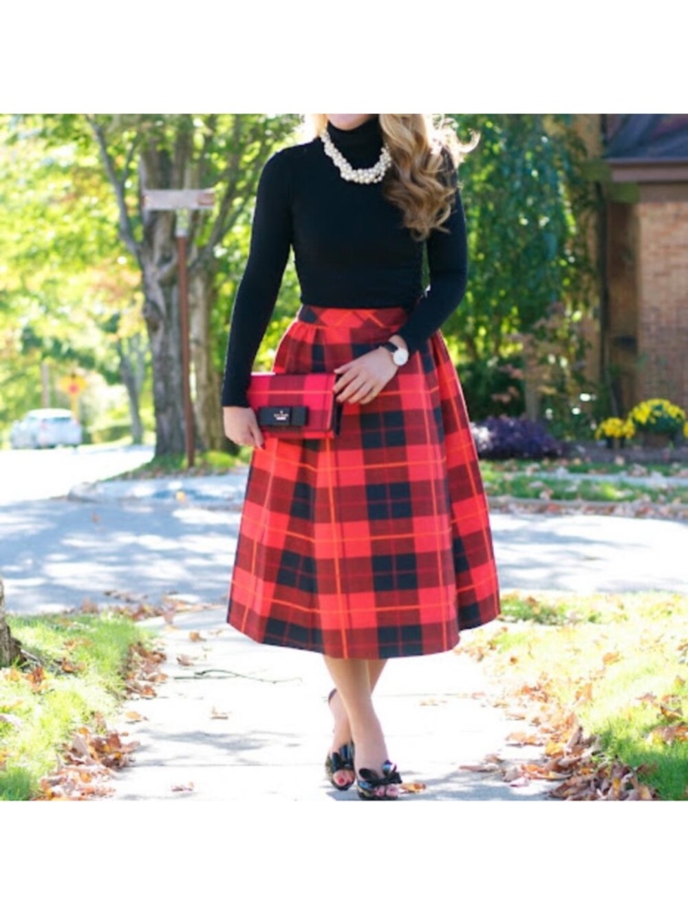 Kate Spade Woodland Festive Plaid Midi Skirt Red/Orange/Black